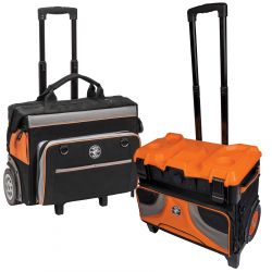 Rolling Tool Bags - Klein Tools' Rolling Tool Bags are designed to easily cart your tools around the jobsite. Rugged wheels can handle rough terrain without warping or damaging. Bags can handle storage inside as well as stacked on top. Multiple interior and exterior pockets allow for maximum tool storage. Bags also feature a heavy-duty telescoping handle and reinforced metal frame for increased strength across the board.