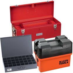 Storage Boxes - Klein's Tool Storage Boxes are perfect for storing small tools and parts. Boxes have a heavy, metallic-gray baked-enamel finish. Boxes come in a variety of sizes and number of compartments, so you can find the perfect fit for your job. Boxes also fit into various models of slide racks, so you can organize multiple boxes in one location when not in use. All Klein Tools boxes are made in the USA.